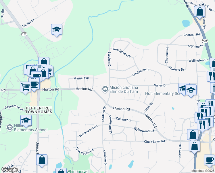 map of restaurants, bars, coffee shops, grocery stores, and more near 2633 Stadium Drive in Durham