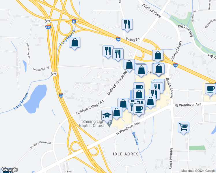 map of restaurants, bars, coffee shops, grocery stores, and more near 814 Guilford College Road in Greensboro