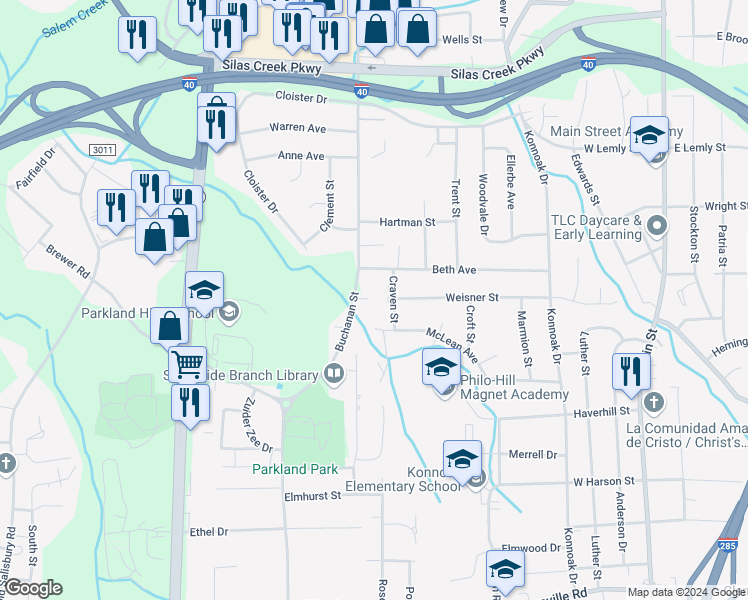 map of restaurants, bars, coffee shops, grocery stores, and more near 646 Beth Avenue in Winston-Salem