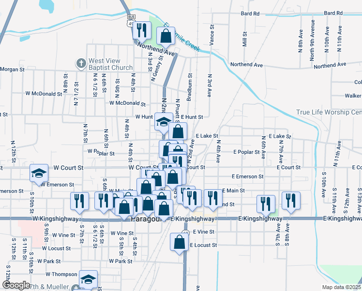 map of restaurants, bars, coffee shops, grocery stores, and more near 301 North Pruett Street in Paragould