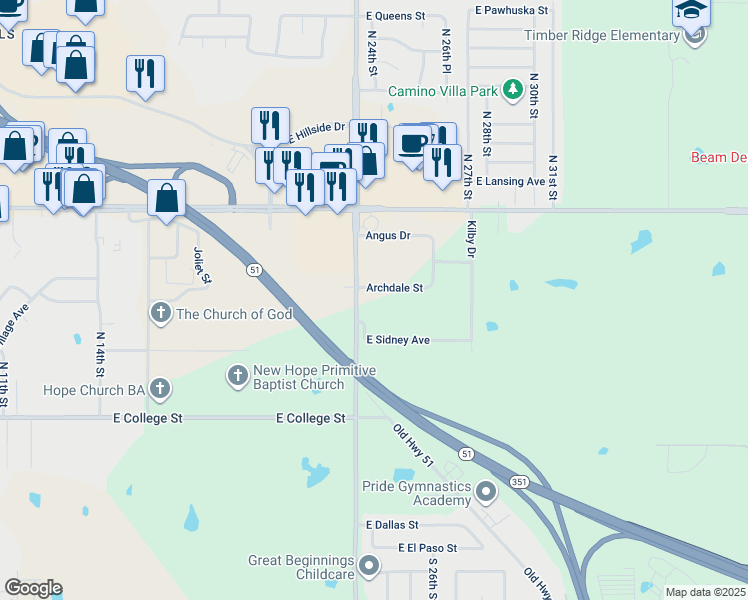 map of restaurants, bars, coffee shops, grocery stores, and more near 2002 Archdale Street in Broken Arrow