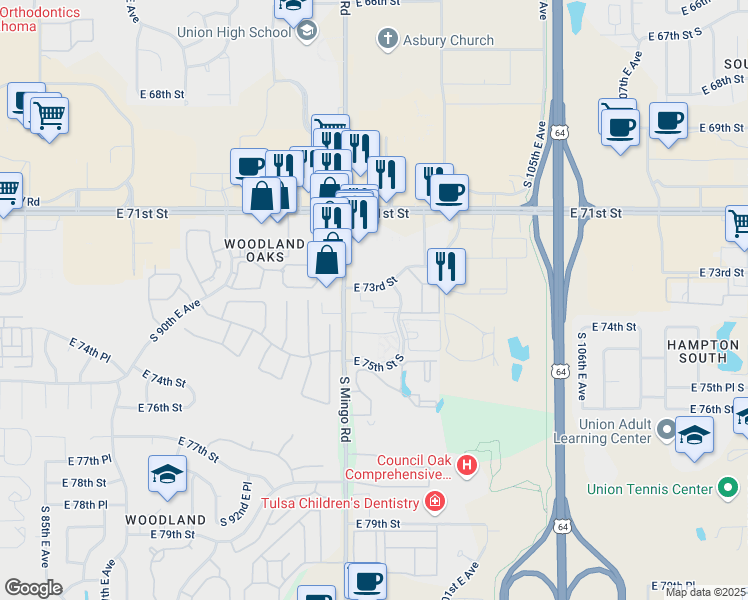 map of restaurants, bars, coffee shops, grocery stores, and more near 7181 South Mingo Road in Tulsa