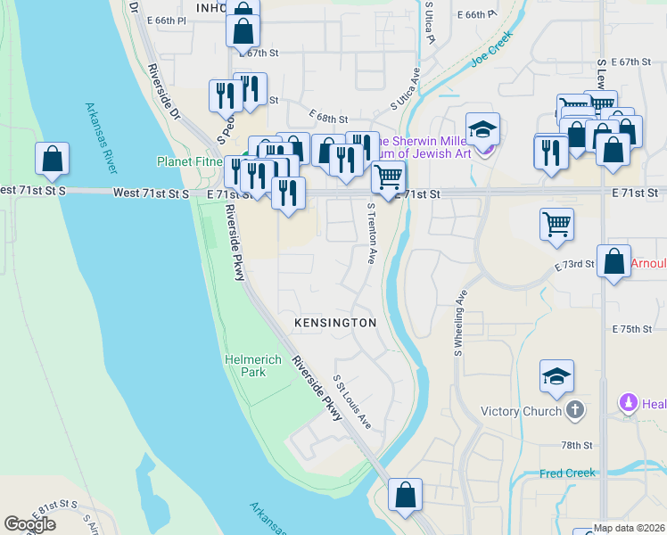 map of restaurants, bars, coffee shops, grocery stores, and more near 1515 East 73rd Place in Tulsa