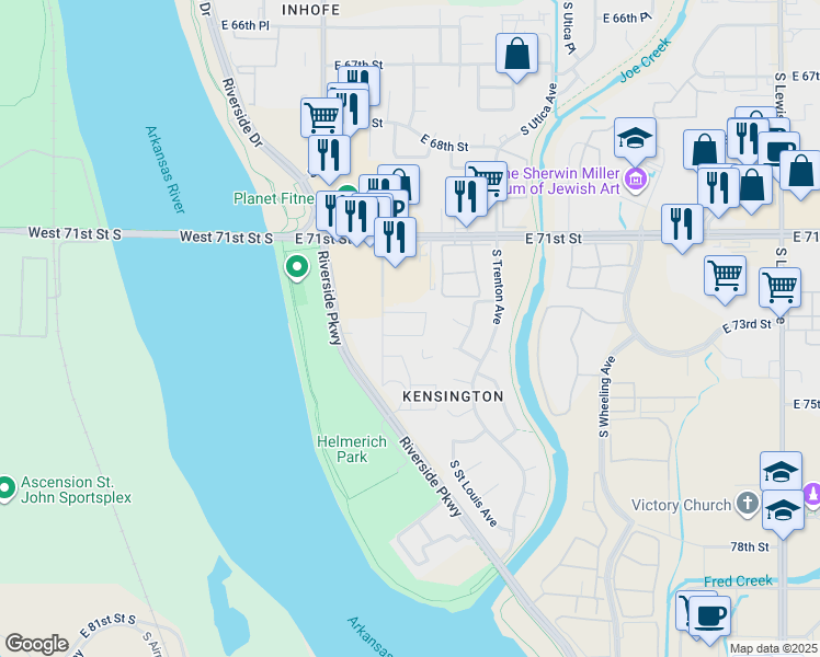 map of restaurants, bars, coffee shops, grocery stores, and more near 7131 South Quincy Avenue in Tulsa