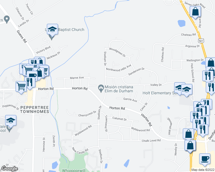 map of restaurants, bars, coffee shops, grocery stores, and more near 2628 Stadium Drive in Durham