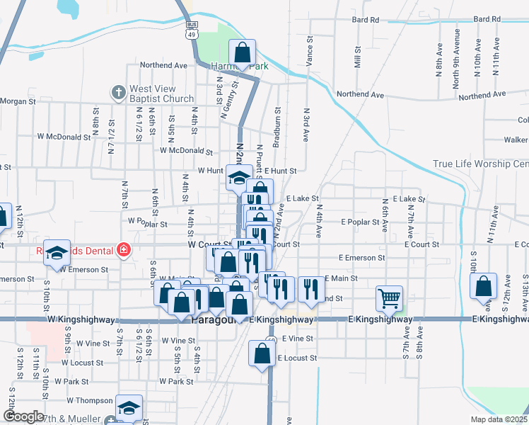 map of restaurants, bars, coffee shops, grocery stores, and more near 301 North Pruett Street in Paragould