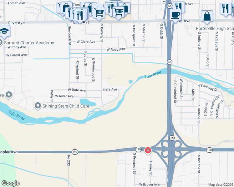 map of restaurants, bars, coffee shops, grocery stores, and more near 425 South Atkins Street in Porterville