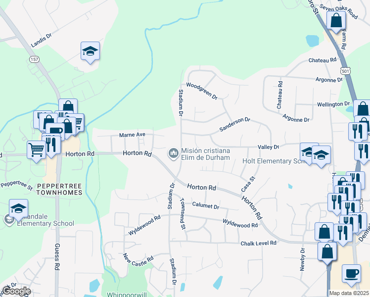map of restaurants, bars, coffee shops, grocery stores, and more near 2628 Stadium Drive in Durham
