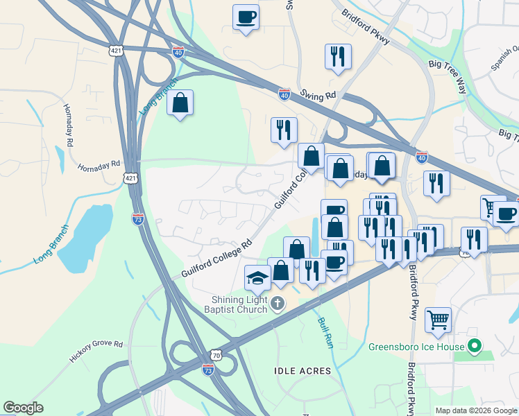 map of restaurants, bars, coffee shops, grocery stores, and more near 814 Guilford College Road in Greensboro