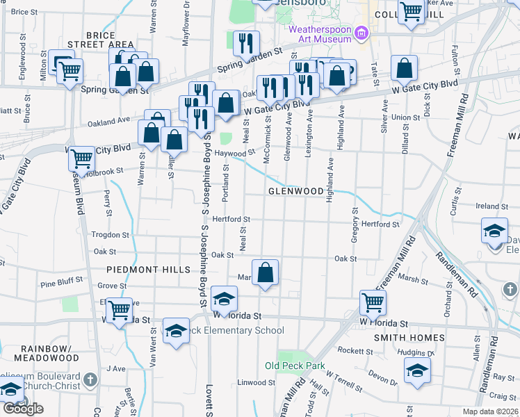 map of restaurants, bars, coffee shops, grocery stores, and more near 1000 McCormick Street in Greensboro