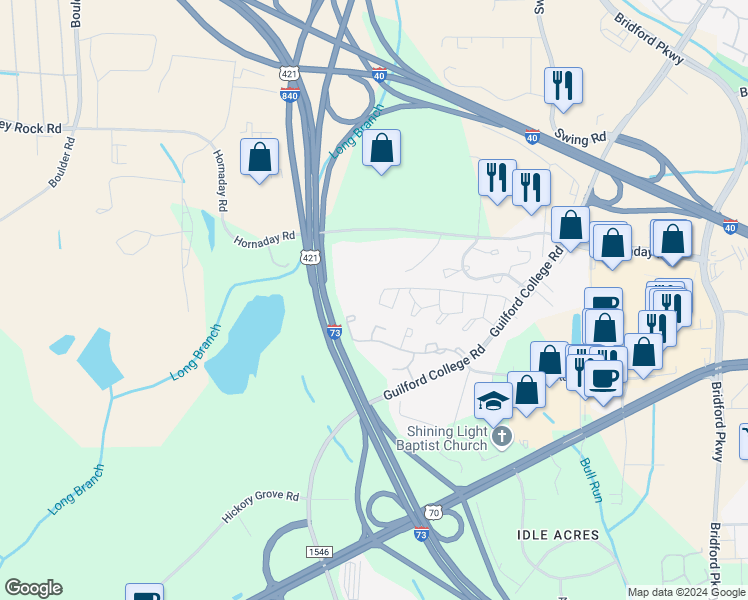 map of restaurants, bars, coffee shops, grocery stores, and more near 5747 Bramblegate Road in Greensboro