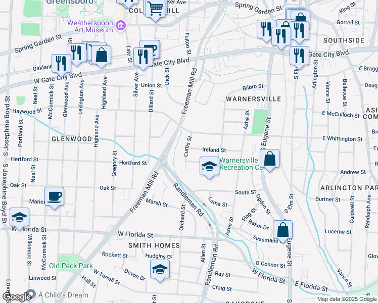 map of restaurants, bars, coffee shops, grocery stores, and more near 620 Ireland Street in Greensboro