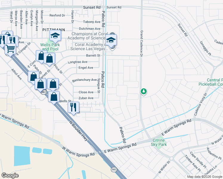 map of restaurants, bars, coffee shops, grocery stores, and more near 1200-1398 Pabco Road in Henderson