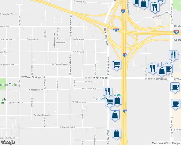 map of restaurants, bars, coffee shops, grocery stores, and more near 3450 West Warm Springs Road in Las Vegas