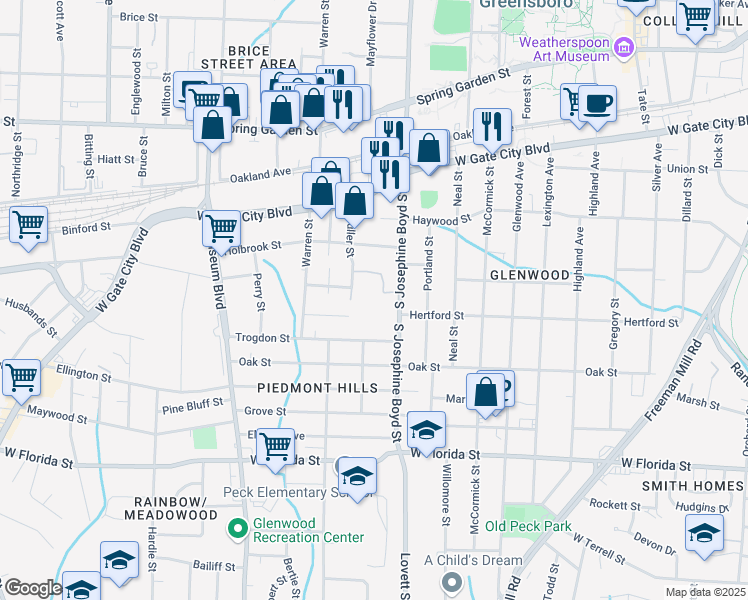 map of restaurants, bars, coffee shops, grocery stores, and more near 1020 South Josephine Boyd Street in Greensboro