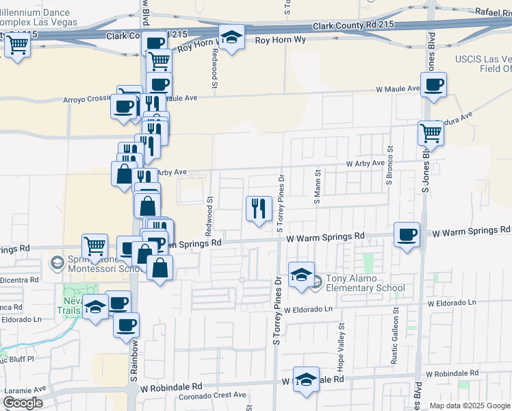 map of restaurants, bars, coffee shops, grocery stores, and more near 6590 West Warm Springs Road in Las Vegas