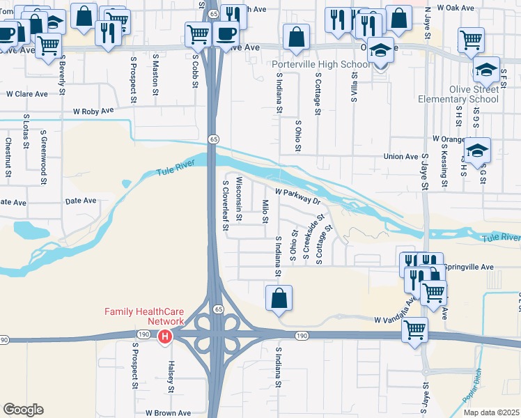 map of restaurants, bars, coffee shops, grocery stores, and more near 543 Milo Street in Porterville