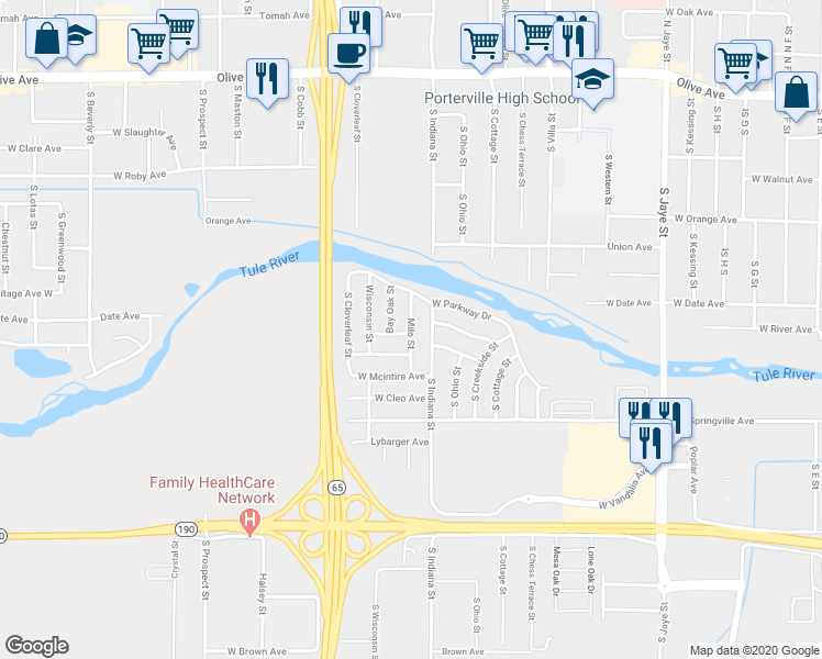 map of restaurants, bars, coffee shops, grocery stores, and more near 463 Milo Street in Porterville