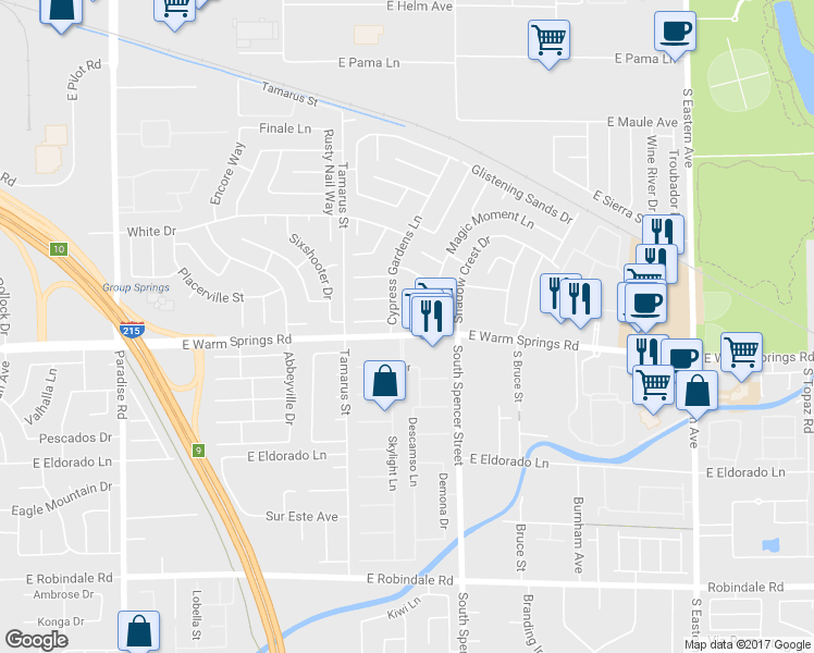 map of restaurants, bars, coffee shops, grocery stores, and more near 1653 Crystal Shadows Circle in Las Vegas