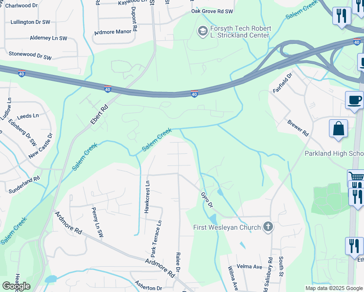 map of restaurants, bars, coffee shops, grocery stores, and more near 1866 Lantana Drive in Winston-Salem