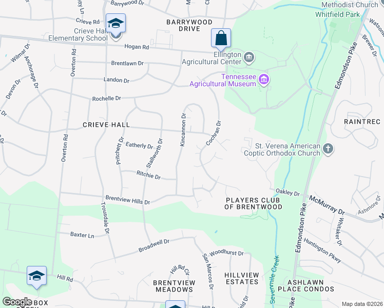 map of restaurants, bars, coffee shops, grocery stores, and more near 5205 Kincannon Drive in Nashville