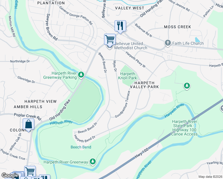 map of restaurants, bars, coffee shops, grocery stores, and more near 760 Myhr Drive in Nashville