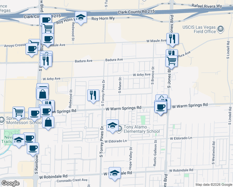 map of restaurants, bars, coffee shops, grocery stores, and more near 6386 Jackson Spring Road in Las Vegas