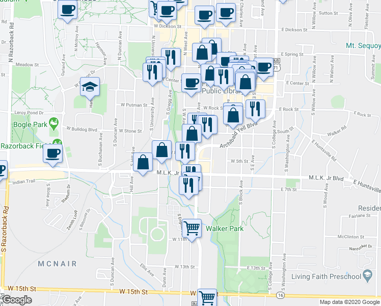 map of restaurants, bars, coffee shops, grocery stores, and more near 450 West Prairie Street in Fayetteville