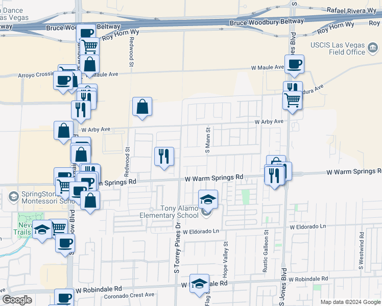 map of restaurants, bars, coffee shops, grocery stores, and more near 7172 West Steele Canyon Street in Las Vegas