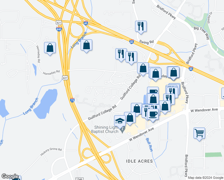 map of restaurants, bars, coffee shops, grocery stores, and more near 5503 Hornaday Road in Greensboro