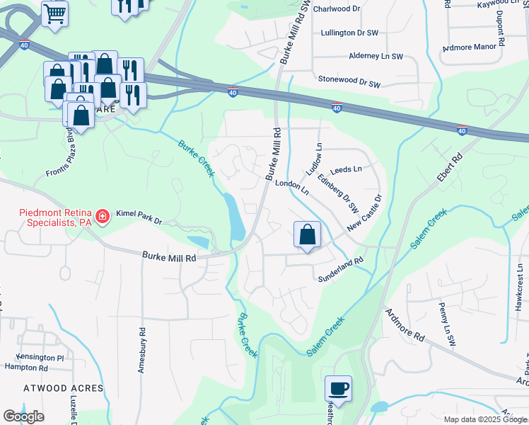 map of restaurants, bars, coffee shops, grocery stores, and more near 2901 Burke Place Court in Winston-Salem