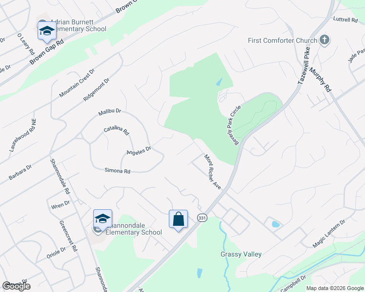 map of restaurants, bars, coffee shops, grocery stores, and more near 5121 Gouffon Road in Knoxville