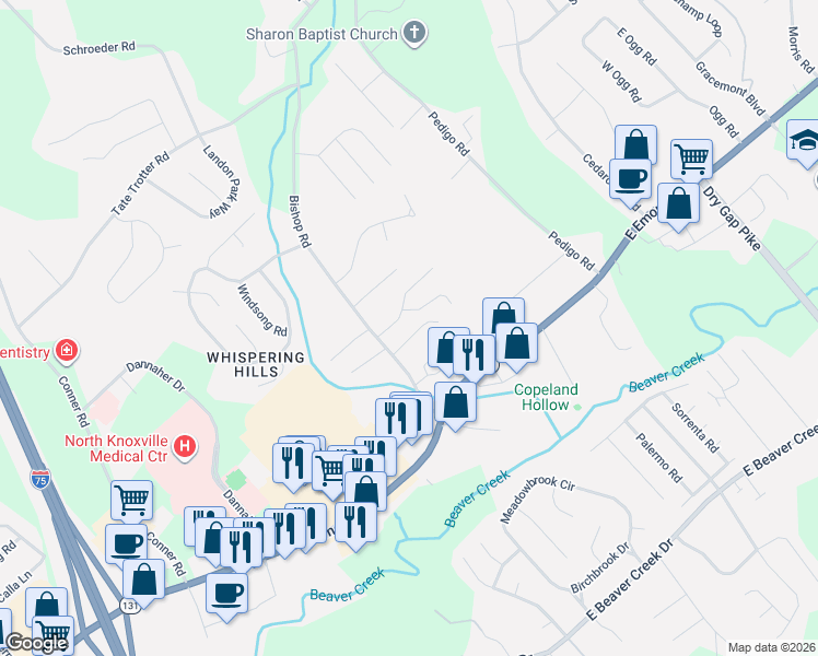 map of restaurants, bars, coffee shops, grocery stores, and more near 819 Jennifer Drive in Knoxville