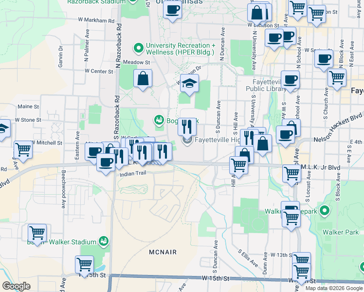 map of restaurants, bars, coffee shops, grocery stores, and more near 2233 W Stone St in Fayetteville