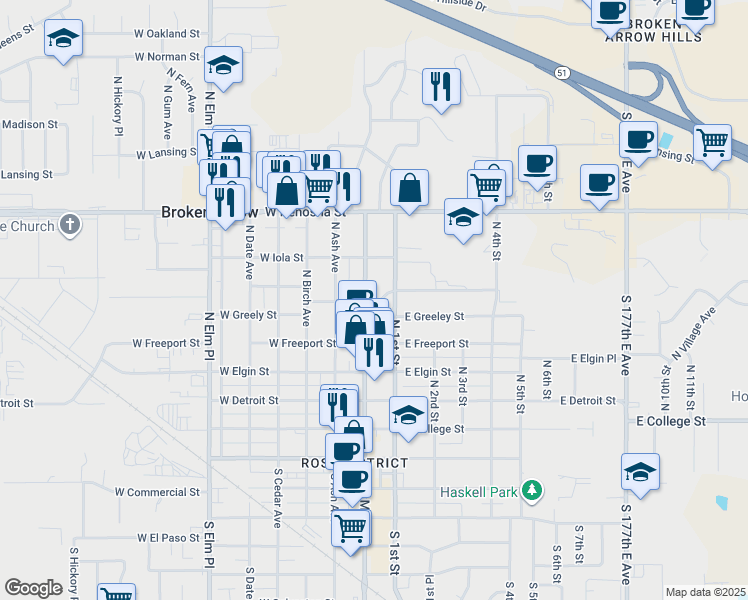 map of restaurants, bars, coffee shops, grocery stores, and more near 710 North 1st Street in Broken Arrow