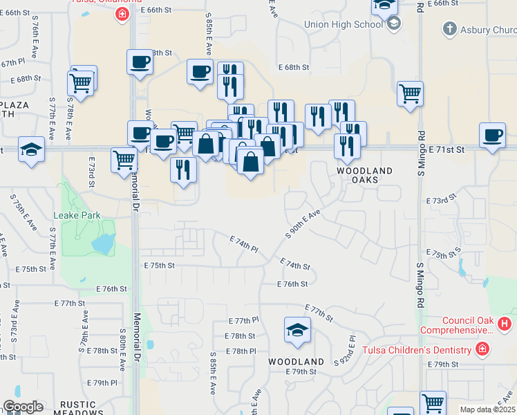 map of restaurants, bars, coffee shops, grocery stores, and more near 7231 South 87th East Place in Tulsa