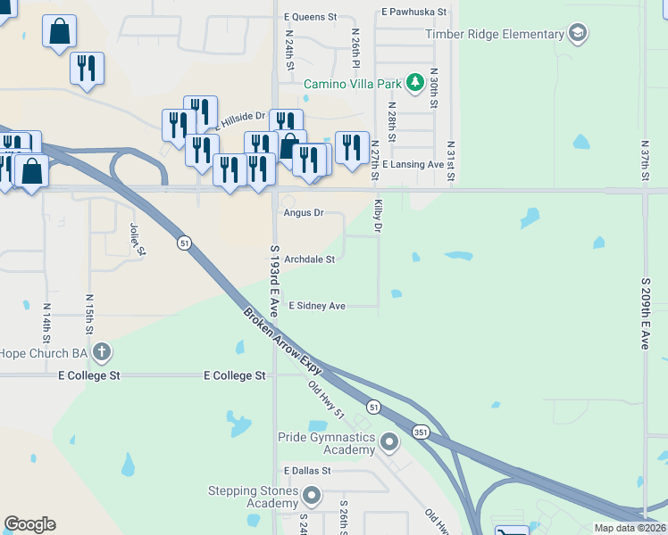 map of restaurants, bars, coffee shops, grocery stores, and more near 2022 Archdale Street in Broken Arrow
