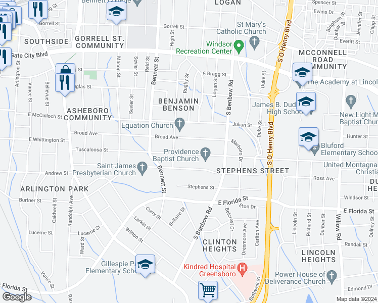 map of restaurants, bars, coffee shops, grocery stores, and more near 1013 Tuscaloosa Street in Greensboro