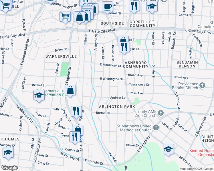 map of restaurants, bars, coffee shops, grocery stores, and more near 300 East Whittington Street in Greensboro