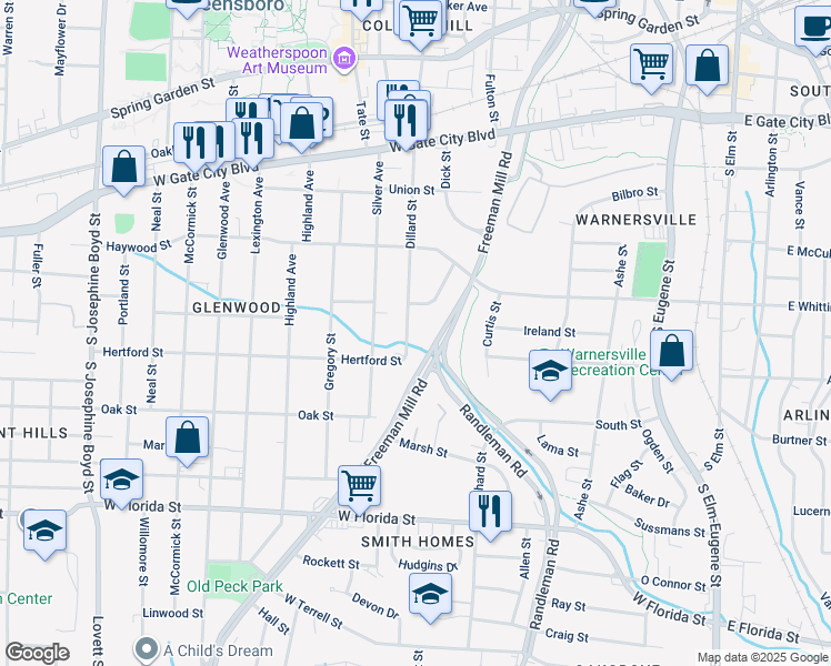map of restaurants, bars, coffee shops, grocery stores, and more near 1009 Dillard Street in Greensboro