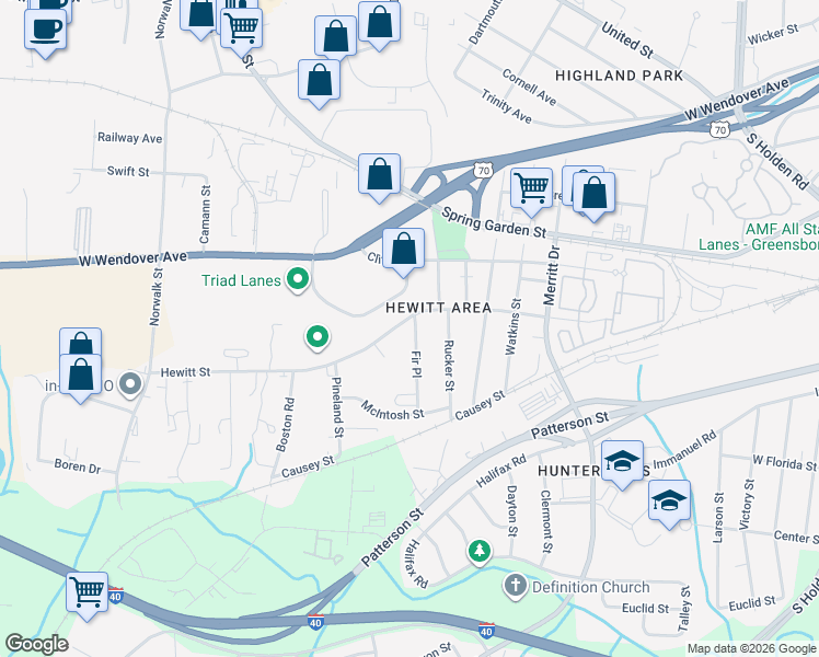 map of restaurants, bars, coffee shops, grocery stores, and more near 7b Oak Branch Drive in Greensboro
