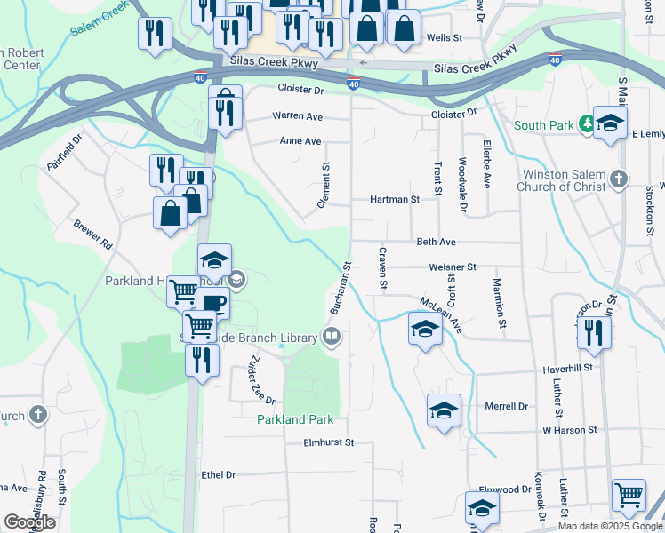 map of restaurants, bars, coffee shops, grocery stores, and more near 2970 Buchanan Street in Winston-Salem