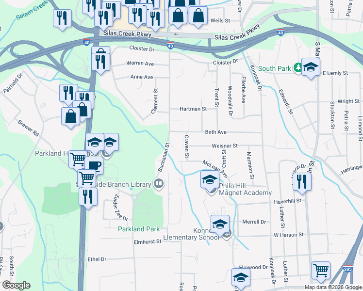 map of restaurants, bars, coffee shops, grocery stores, and more near 646 Beth Avenue in Winston-Salem