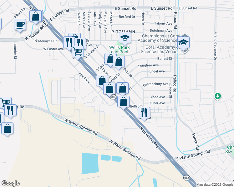 map of restaurants, bars, coffee shops, grocery stores, and more near 1400 North Boulder Highway in Henderson