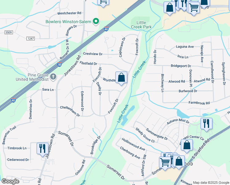 map of restaurants, bars, coffee shops, grocery stores, and more near 229 Montpelier Drive in Winston-Salem