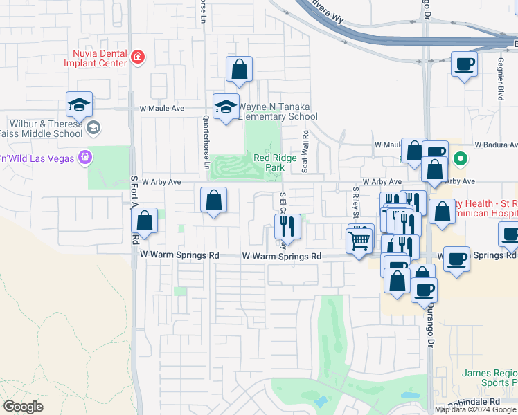 map of restaurants, bars, coffee shops, grocery stores, and more near 9050 West Warm Springs Road in Las Vegas