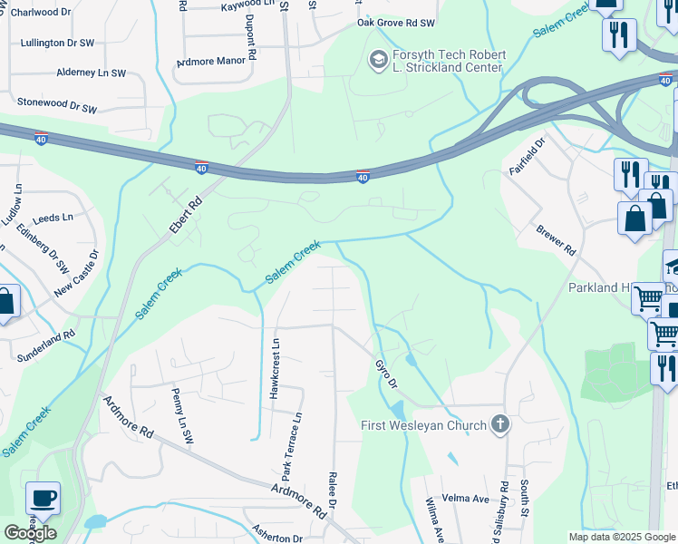 map of restaurants, bars, coffee shops, grocery stores, and more near 1866 Lantana Drive in Winston-Salem
