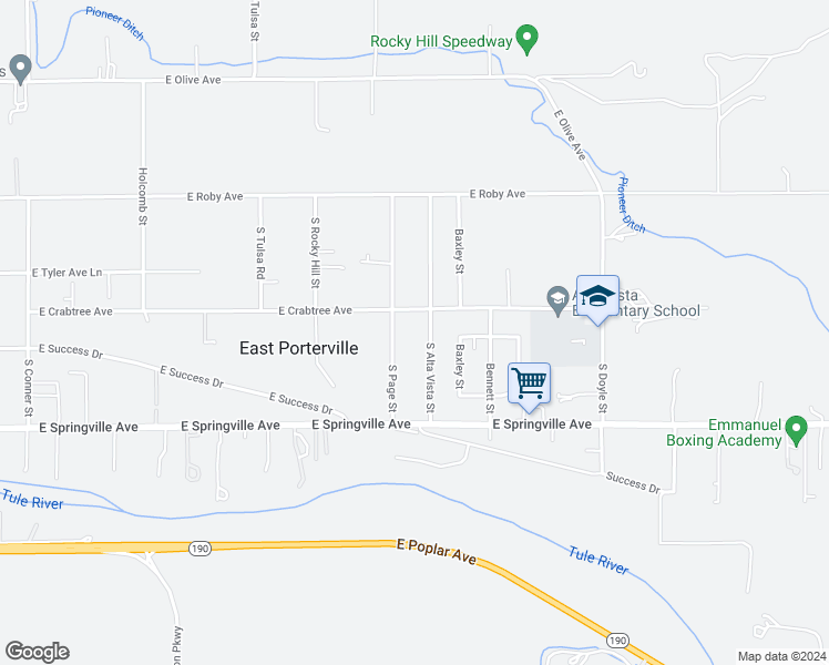 map of restaurants, bars, coffee shops, grocery stores, and more near 427 Alta Vista Street in Porterville