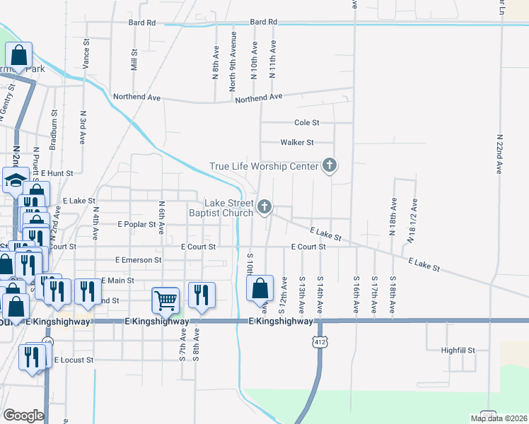 map of restaurants, bars, coffee shops, grocery stores, and more near 904 East Lake Street in Paragould