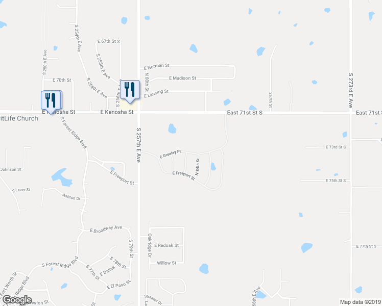 map of restaurants, bars, coffee shops, grocery stores, and more near 8502 East Greeley Place in Broken Arrow